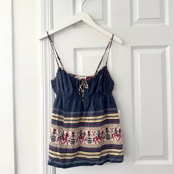 Corey Lynn Calter NWT Deadstock Blue Silk Native Print Baby Doll Tank Tie Neck 4 - Picture 1 of 7